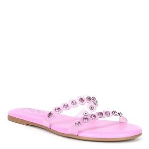 ✅Deltan Hollie Scallop Rhinestone Embellished Banded Slides in Exotic Magenta